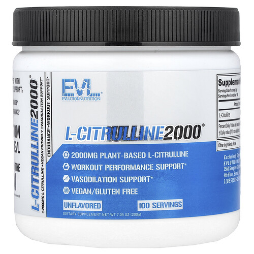 EVLution Nutrition, L-Citrulline2000, Suplemento de L-citrulina, Sin sabor, 200 g (7,5 oz)