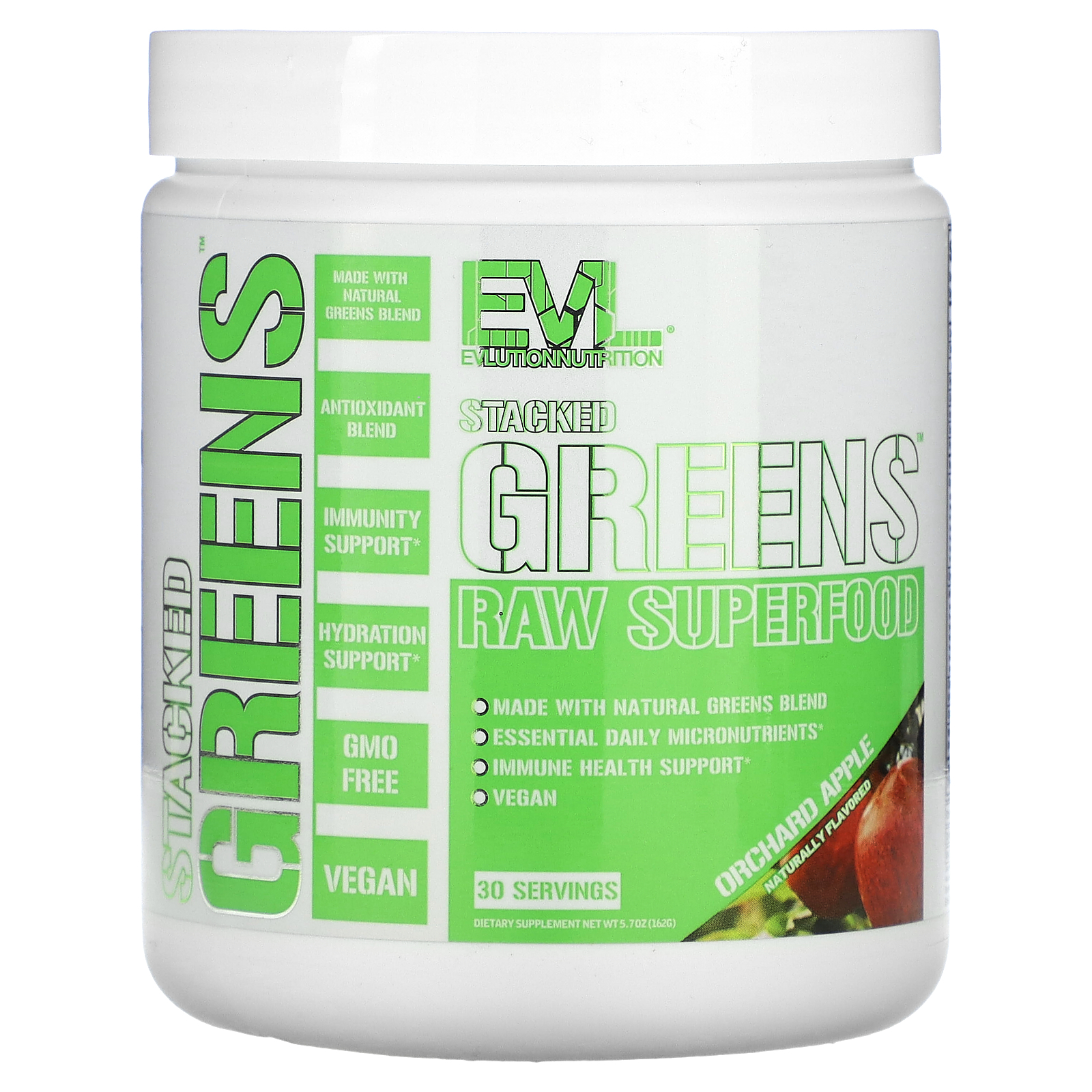 EVLution Nutrition (에볼루션뉴트리션), Stacked Greens 천연 슈퍼 푸드, 오차드 애플 맛, 162g(5.7oz) (판매가 중단된 상품)
