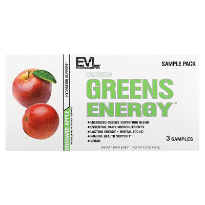 

EVLution Nutrition Stacked Greens Energy Sample Pack Orchard Apple 3 Stickpacks 0.2 oz (6.9 g) Each