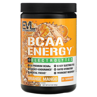 EVLution Nutrition, Energía de BCAA con electrolitos, Naranja y mango, 333 g (11,7 oz)
