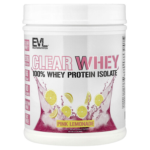 EVLution Nutrition, Clear Whey, 100 % aislado de proteína de suero de leche, Limonada rosa, 500 g (1,1 lb)