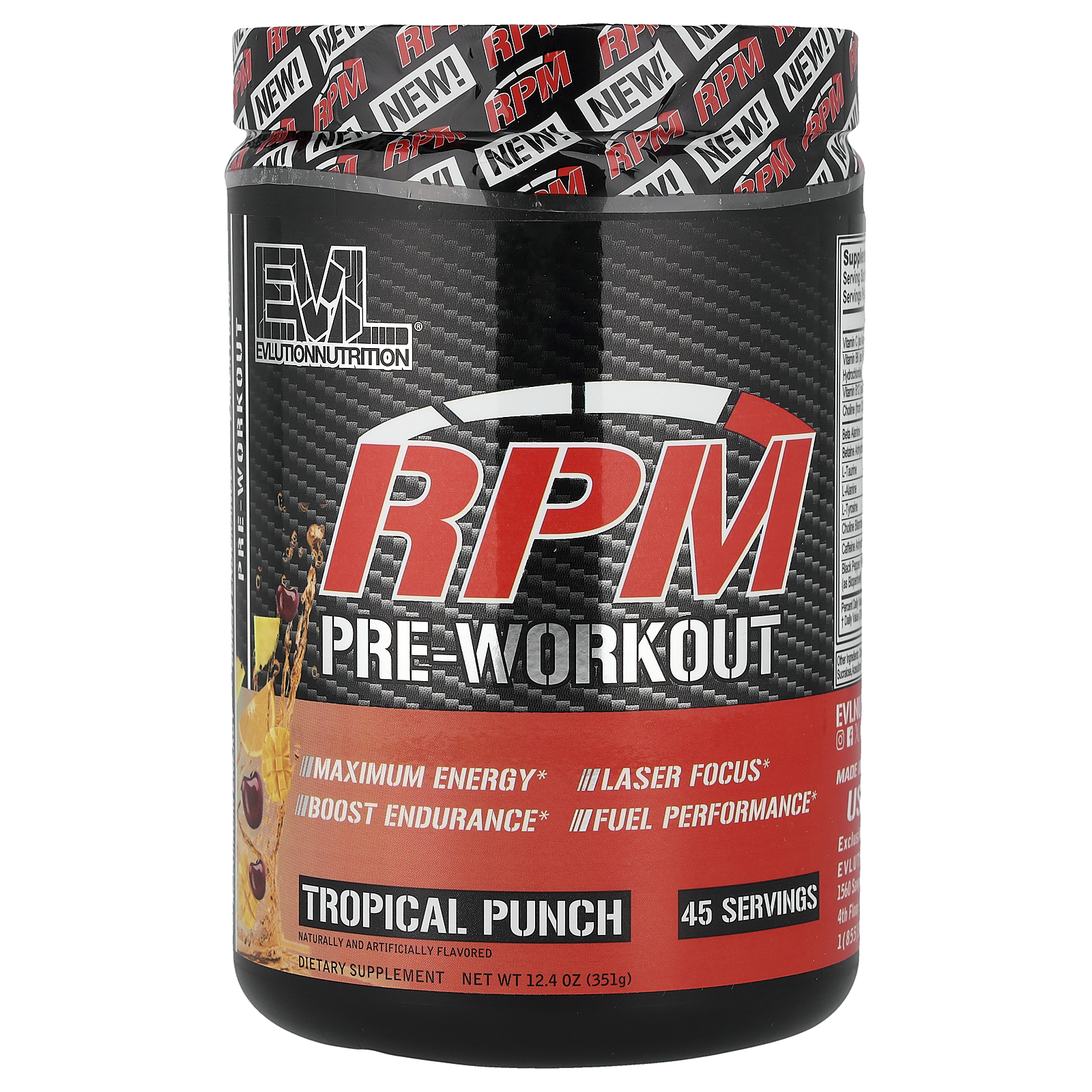 EVLution Nutrition (에볼루션뉴트리션), 운동 전RPM, 트로피컬 펀치, 351g(12.4oz)