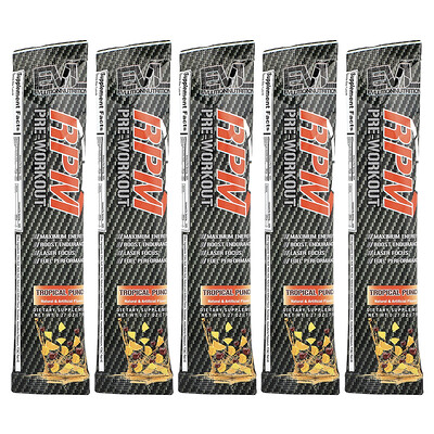 EVLution Nutrition, Preentrenamiento RPM, Ponche tropical, 5 paquetes, 7,8 g (0,27 oz) cada uno