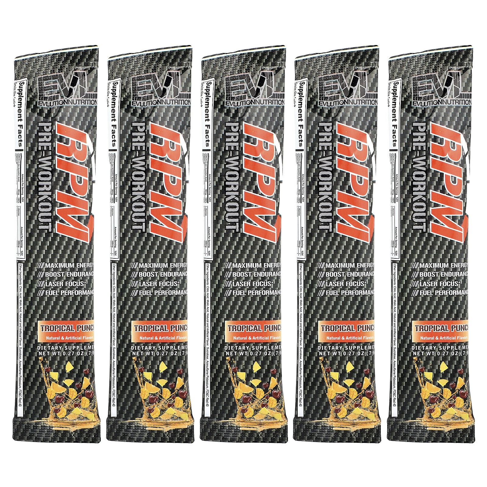 EVLution Nutrition (에볼루션뉴트리션), 운동 전RPM, 트로피컬 펀치, 5팩, 각 7.8g(0.27oz) (판매가 중단된 상품)