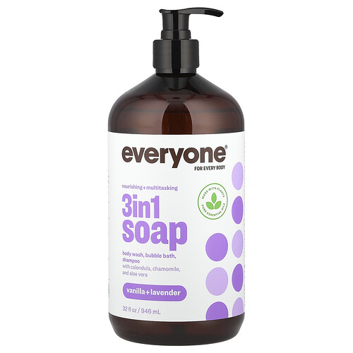 Everyone 3 in 1 Soap, Body Wash, Bubble Bath, Shampoo, Vanilla + Lavender, 32 fl oz (946 ml)