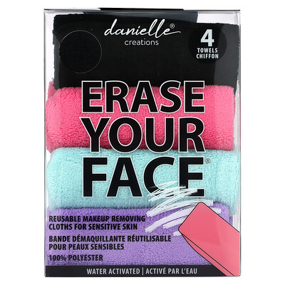 Erase Your Face Многоразовые салфетки для снятия макияжа, разные цвета, 4 салфетки