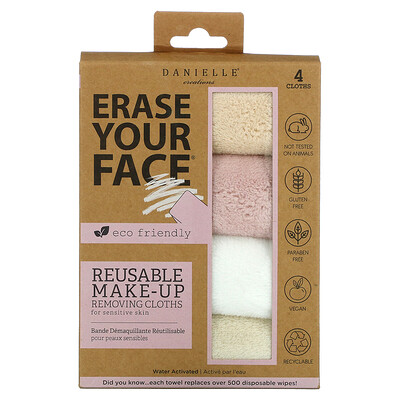 Erase Your Face Многоразовые салфетки для снятия макияжа, разные цвета, 4 салфетки