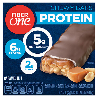 Fiber One Protein Chewy Bars, батончики с карамелью, 5 батончиков, 33 г (1,17 унции)