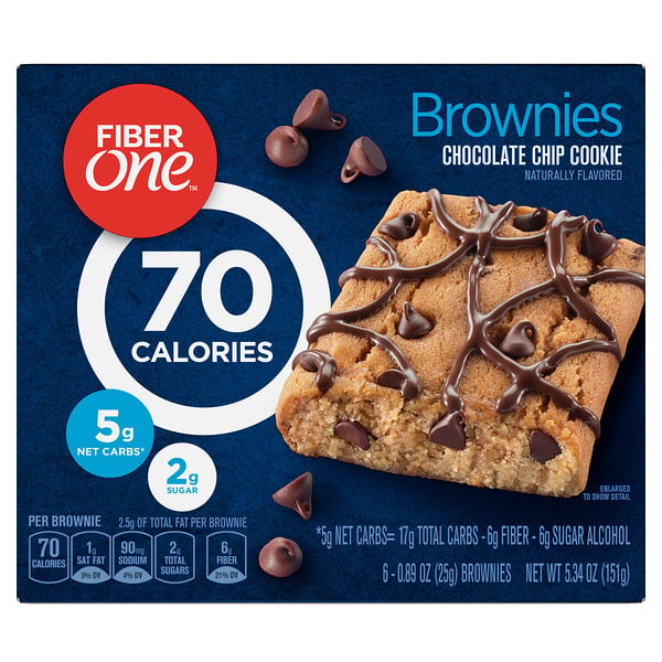 Fiber One, Brownies, Печенье с шоколадной крошкой, 6 батончиков по 0,89 унции (25 г) каждый
