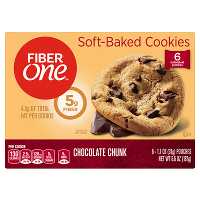 Fiber One Мягкое печенье, кусочки шоколада, 6 пакетиков по 31 г (1,1 унции)