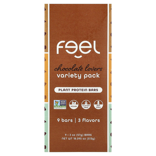 The Feel Bar, Plant Protein Bars, Variety Pack, Chocolate Lovers, 9 Bars, 2 oz (57 g) Each