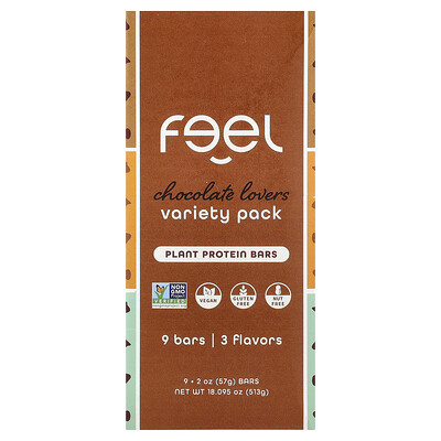 The Feel Bar, Plant Protein Bars, Variety Pack, Chocolate Lovers, 9 Bars, 2 oz (57 g) Each