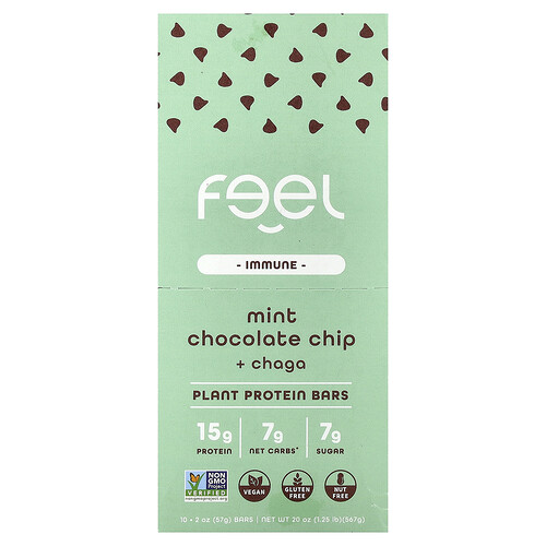 The Feel Bar, Immune, Plant Protein Bars, Mint Chocolate Chip + Chaga, 10 Bars, 2 oz (57 g) Each