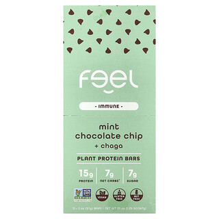 The Feel Bar, Immune, Barrette proteiche vegetali, gocce di cioccolato alla menta e chaga, 10 barrette, 57 g ciascuna
