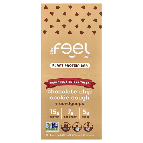 The Feel Bar, Plant Protein Bars, Chocolate Chip Cookie Dough + Cordyceps, 10 Bars, 2 oz (57 g) Each