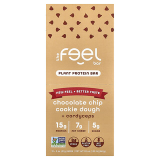 The Feel Bar, Barres aux protéines végétales, Pâte à cookies aux pépites de chocolat + Cordyceps, 10 barres, 57 g pièce