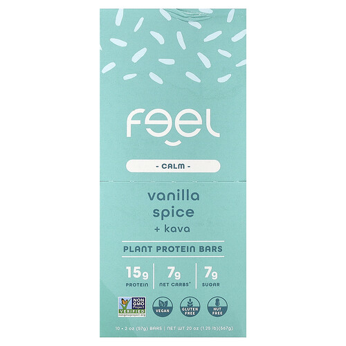 The Feel Bar, Calm, Plant Protein Bars, Vanilla Spice + Kava, 10 Bars, 2 oz (57 g) Each