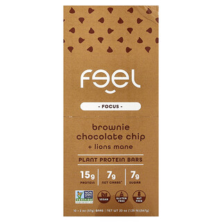The Feel Bar, Focus, Barritas de proteína vegetal, Brownie con chips de chocolate y melena de león, 10 barritas, 57 g (2 oz) cada una