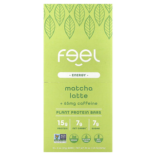 The Feel Bar, Energía, Barritas de proteína vegetal, Latte de matcha y cafeína, 10 barritas, 57 g (2 oz) cada una