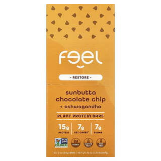 The Feel Bar, Restore, Plant Protein Bars, Sunbutta Chocolate Chip + Ashwagandha, 10 Bars, 2 oz (57 g) Each