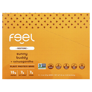 The Feel Bar, Restore, рослинний протеїновий батончик, Sunny Buddy + ашваганда, 10 батончиків по 57 г (2 унції)
