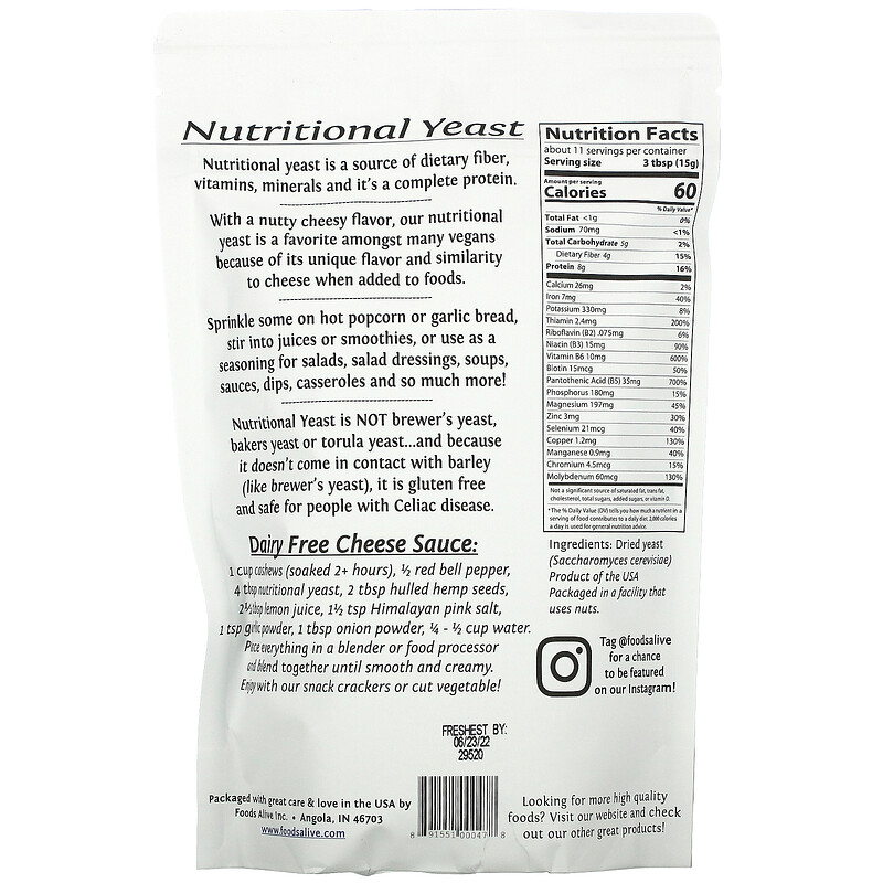 Foods Alive, Superfood, NonFortified Nutritional Yeast, 6 oz (170 g