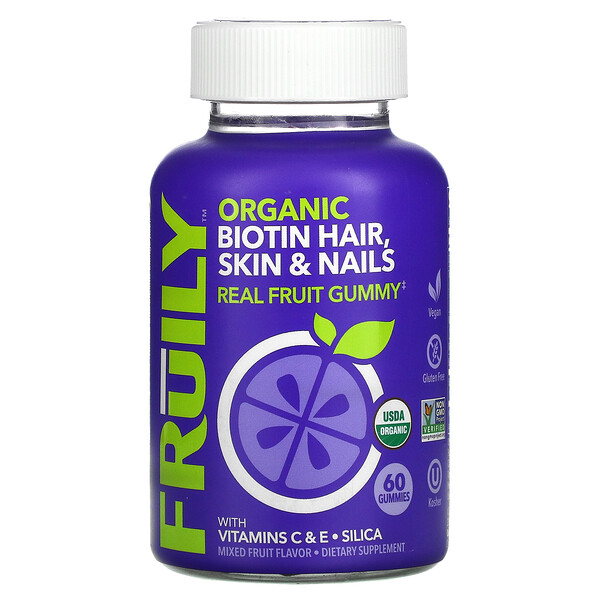 Fruily‏, Organic Biotin Hair, Skin & Nails, With Vitamins C & E, Zinc, Mixed Fruit, 60 Gummies