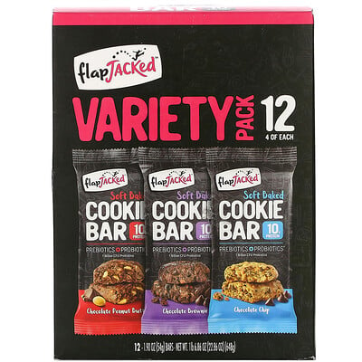 FlapJacked Soft Baked Cookie Bar Variety Pack, Chocolate Peanut Butter, Chocolate Brownie, Chocolate Chip, 12 Bars, 1.90 oz (54 g) Each