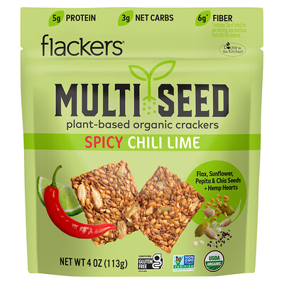 Flackers, Galletas multisemillas orgánicas de origen vegetal, Chile y lima picante, 113 g (4 oz)