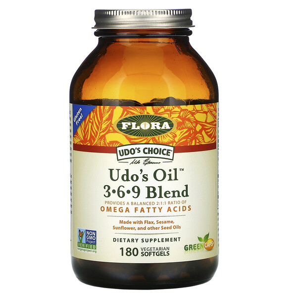Flora‏, Udo's Choice, תערובת 3-6-9 של Udo's Oil, ‏180 כמוסות צמחוניות רכות
