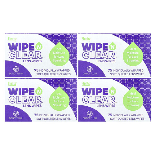 Flents, Wipe 'N Clear, Linsentücher, 4 Schachteln, 75 einzeln verpackte, weiche, gesteppte Linsentücher
