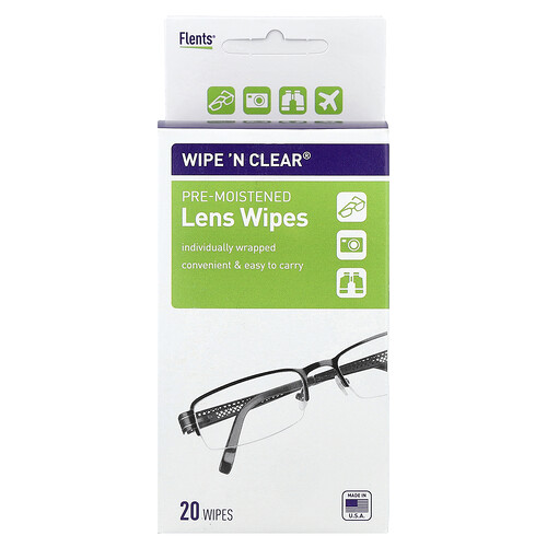 Flents, Wipe 'N Clear®, Vorangefeuchtete Linsen-Tücher, 20 Tücher