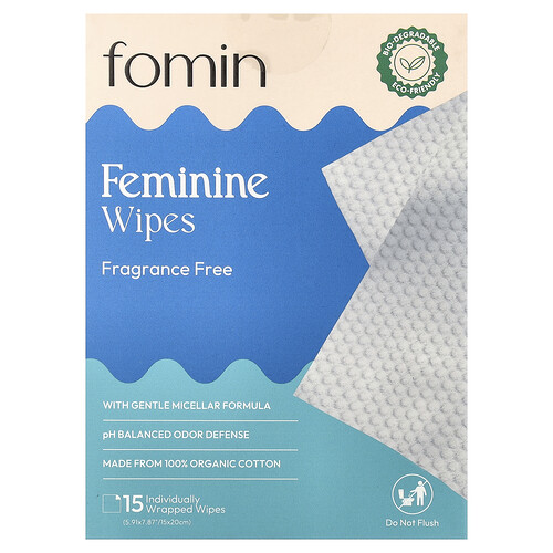 Fomin Feminine Wipes, Fragrance Free, 15 Individually Wrapped Wipes