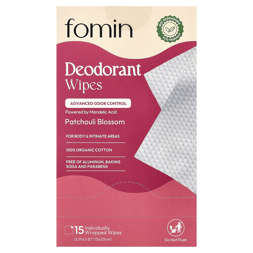 fomin, Deodorantdoekjes, Patchoulibloesem, 15 individueel verpakte doekjes