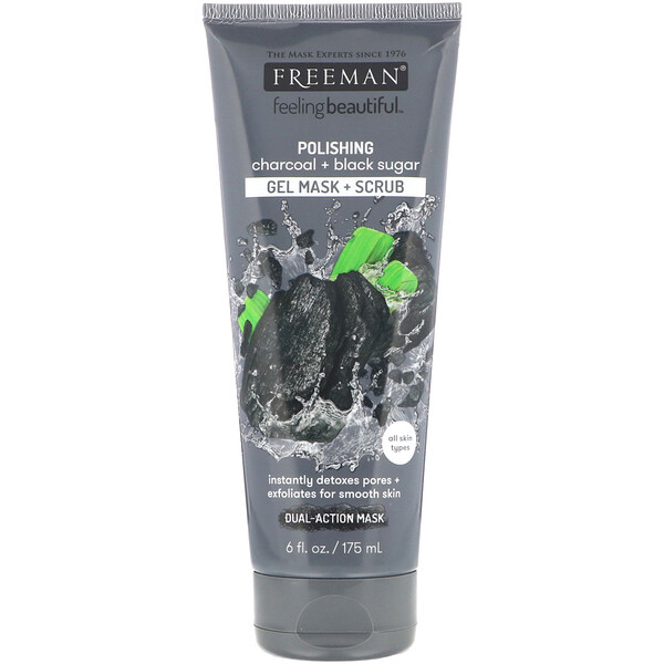 Freeman Beauty‏, Feeling Beautiful, מסכת יופי מג'ל לליטוש + פילינג לעור הפנים, פחם וסוכר שחור, 175 מ"ל (6 אונקיות נוזל)