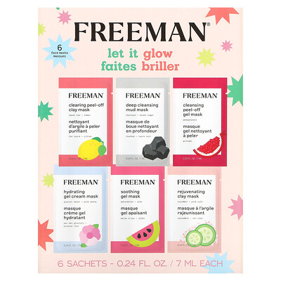Freeman Beauty Let it Glow, косметические маски для лица, разнообразная упаковка, 6 пакетиков по 7 мл (0,24 жидк. Унции)