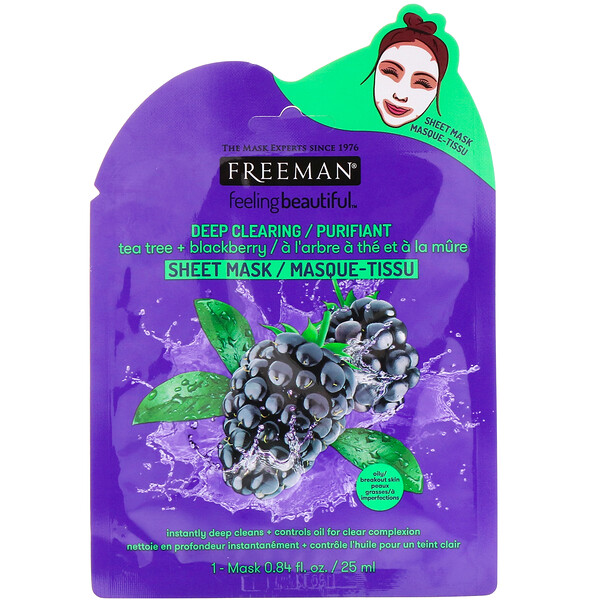 Freeman Beauty, Feeling Beautiful, Deep Clearing Beauty Sheet Mask, Tea Tree + Blackberry, 1 Mask, 0.84 fl oz (25 ml)