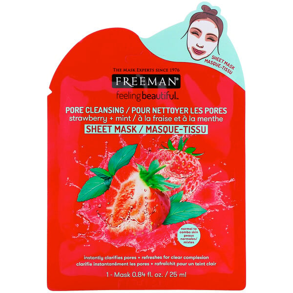 Freeman Beauty, Feeling Beautiful, Pore Cleansing Beauty Sheet Mask, Strawberry + Mint, 1 Mask, 0.84 fl oz (25 ml)