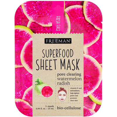 Freeman Beauty Тканевая маска с суперфудами, арбуз и редька для очищения пор, 1 маска