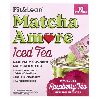 Fit & Lean, Thé glacé Matcha Amore, Thé à la framboise, 10 sachets en stick, 4,5 g chacun