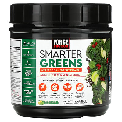 

Force Factor Smarter Greens, суперфуды + энергетический порошок, лимон и лайм, 436 г (15,4 унции)