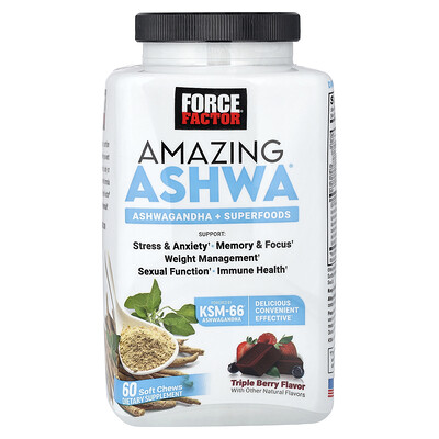 Force Factor, Amazing Ashwa®, Suplemento de ashwagandha, Tres bayas, 60 comprimidos masticables blandos