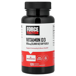 Force Factor, Vitamina D3, Alta potencia, 125 mcg (5000 UI), 120 cápsulas blandas