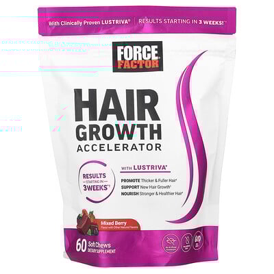 Force Factor, Acelerador del crecimiento del cabello, Bayas mixtas, 60 comprimidos masticables blandos