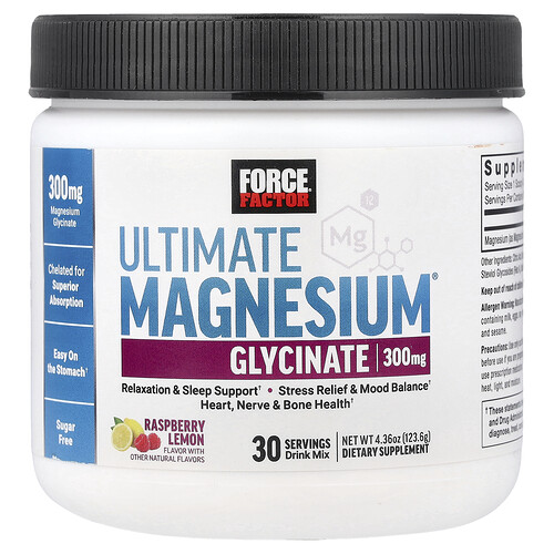 Force Factor, Ultimate Magnesium® Glycinate Drink Mix, Raspberry Lemon, 4.36 oz (123.6 g)