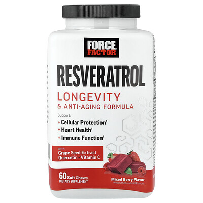 Force Factor, Resveratrol, Fórmula antiedad y longevidad, Bayas mixtas, 60 comprimidos masticables blandos