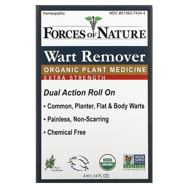 Forces of Nature, Wart Remover, Dual Action Roll On, Extra Strength, 0.14 oz (4 ml)