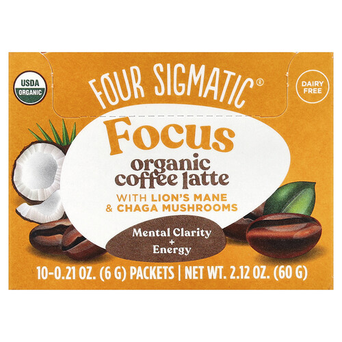 Four Sigmatic Focus, Organic Coffee Latte with Lion's Mane & Chaga Mushrooms, 10 Packets, 0.21 oz (6 g) Each