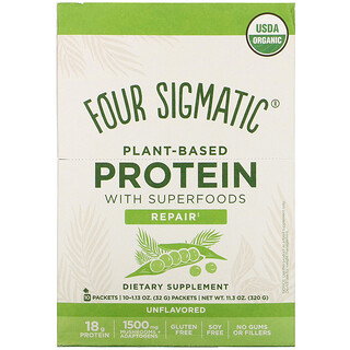 Four Sigmatic, 含超級食物的植物基蛋白質，原味，10 袋裝，每袋 1.13 盎司（32 克）