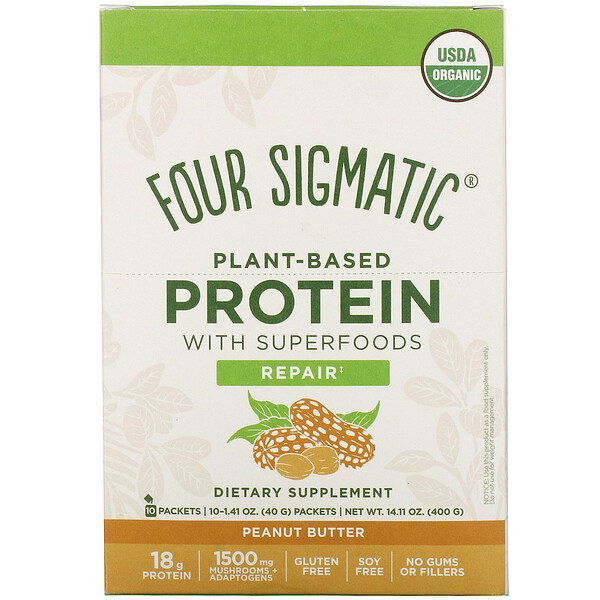 Four Sigmatic, Plant-Based Protein with Superfoods, Peanut Butter, 10 Packets, 1.41 oz (40 g) Each